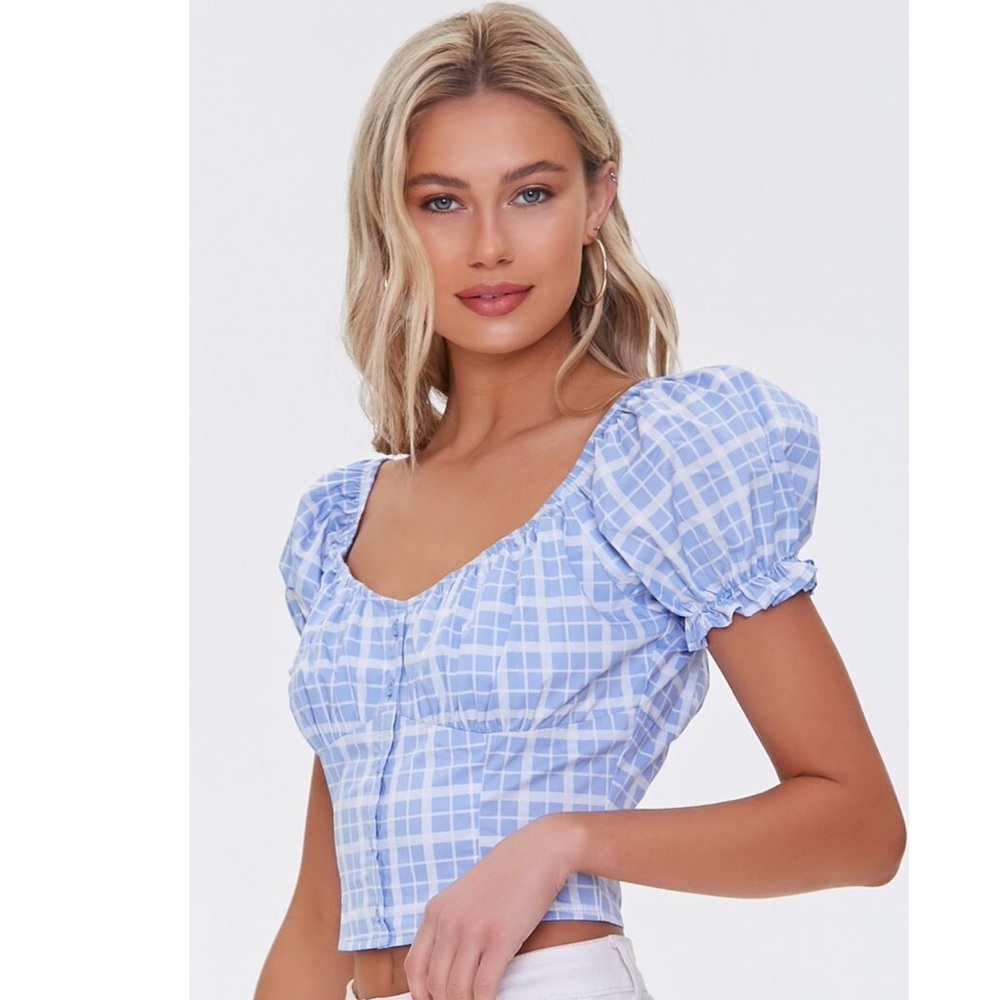 Baby Blue Plaid Puff Sleeve Crop Top Daisy Duke Medium